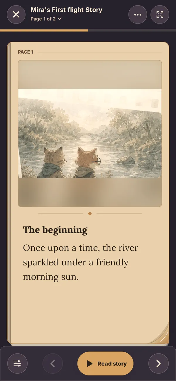 The ReadyTales reader in bedtime mode with warm, dim colors