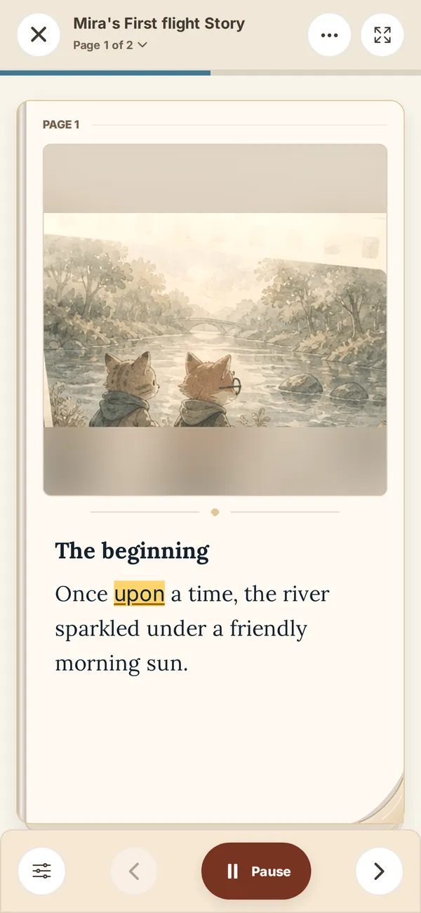 The ReadyTales reader highlighting the word “upon” while reading a story aloud
