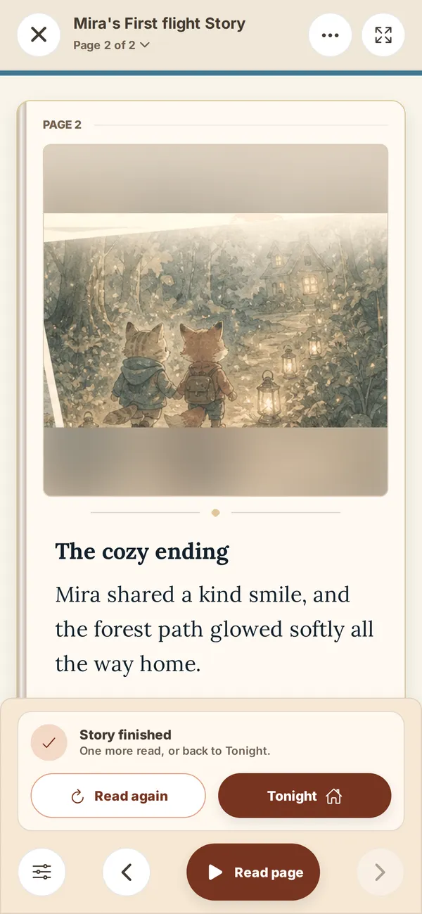 A finished story in ReadyTales with options to read again