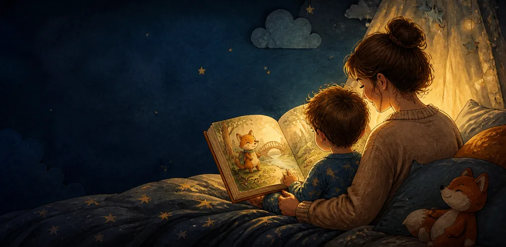A parent and child snuggled in bed reading an illustrated storybook together